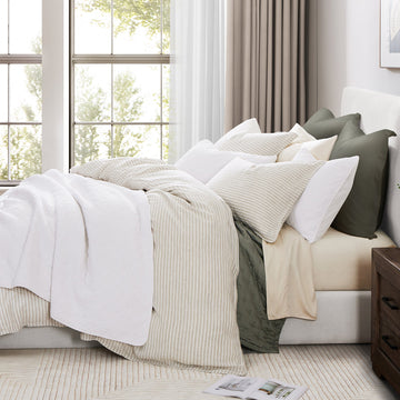 neutral-toned linen duvet cover in a modern bedroom setting