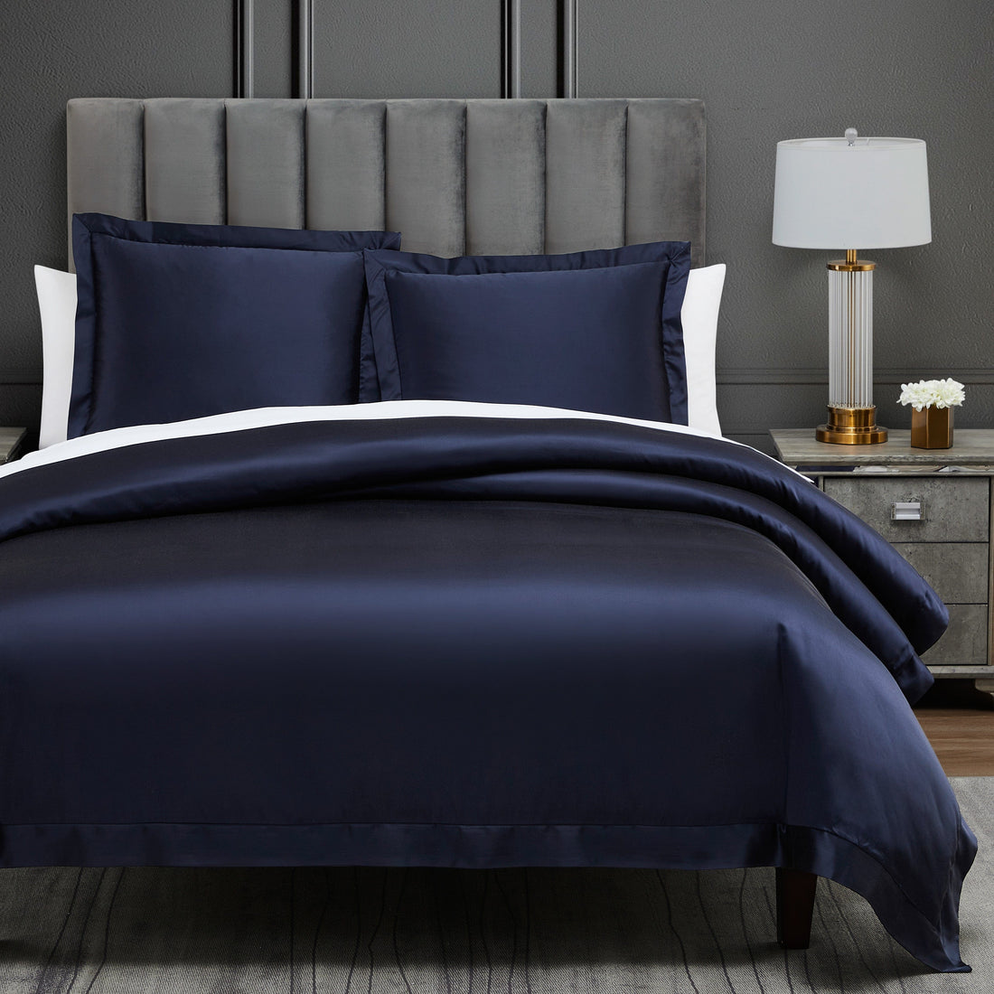white brushed duvet cover in a contemporary master bedroom setting