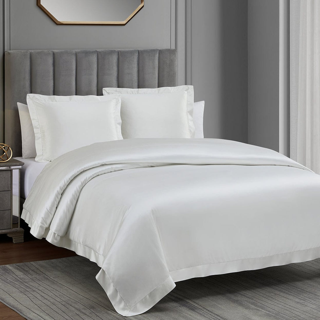 white brushed duvet cover in a contemporary master bedroom setting