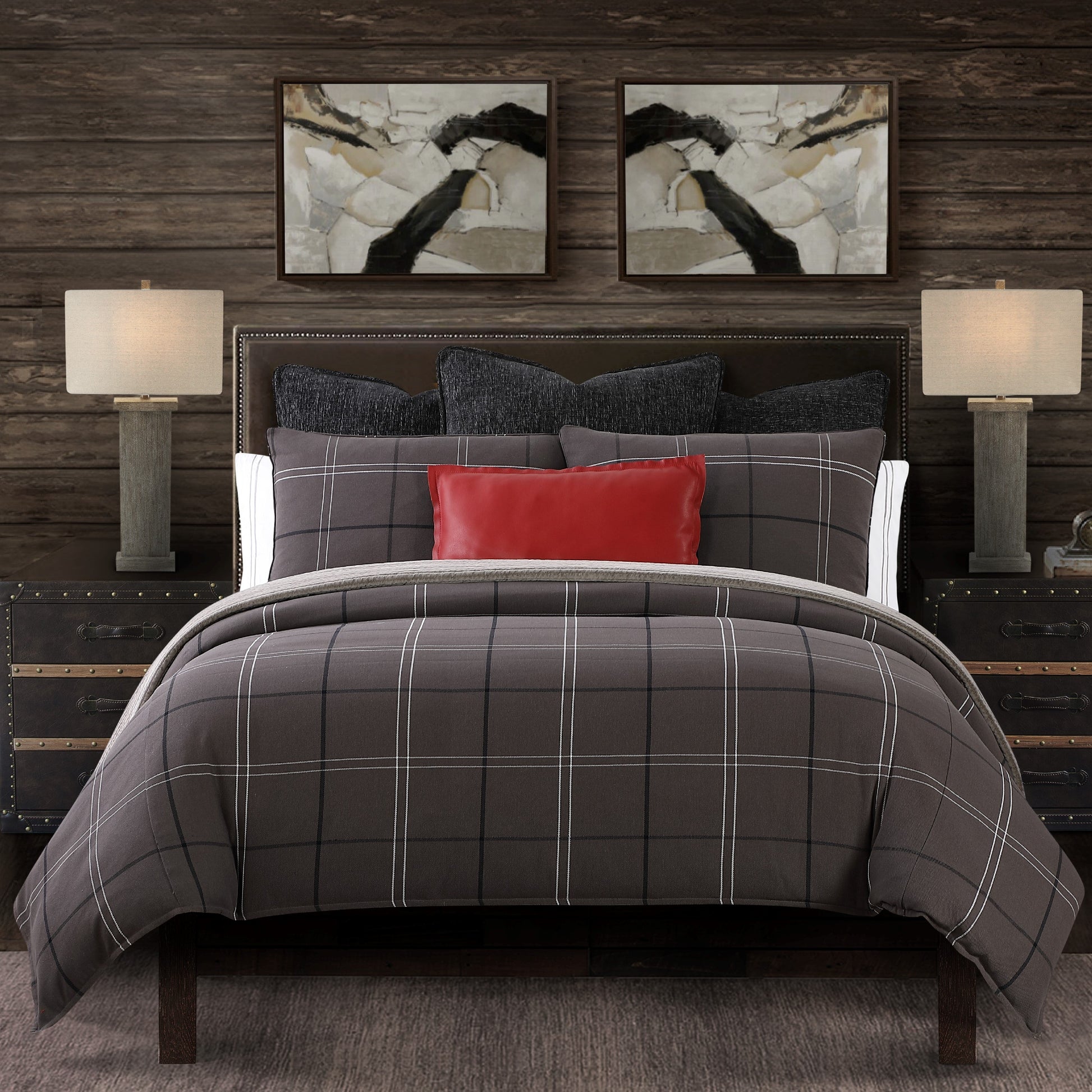 earth-toned fabric comforter set in a elegant modern bedroom setting