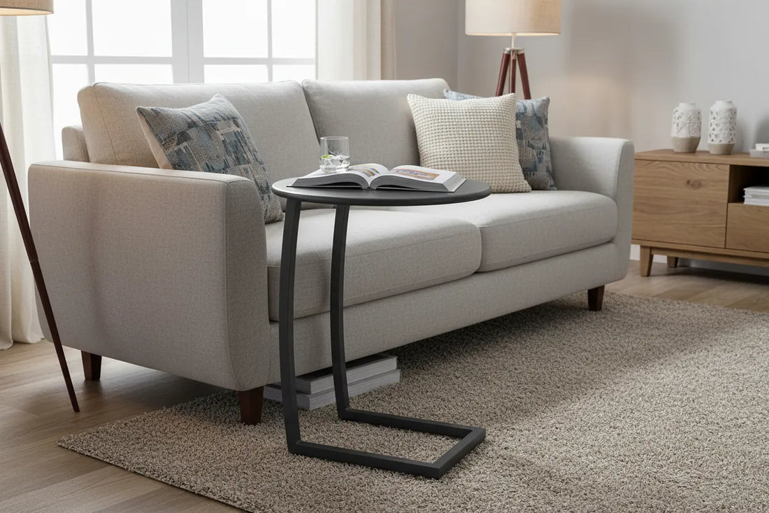 Beige sofa with a noga end table in a living room setting
