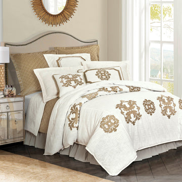 earth-toned fabric duvet cover in a refined master bedroom setting