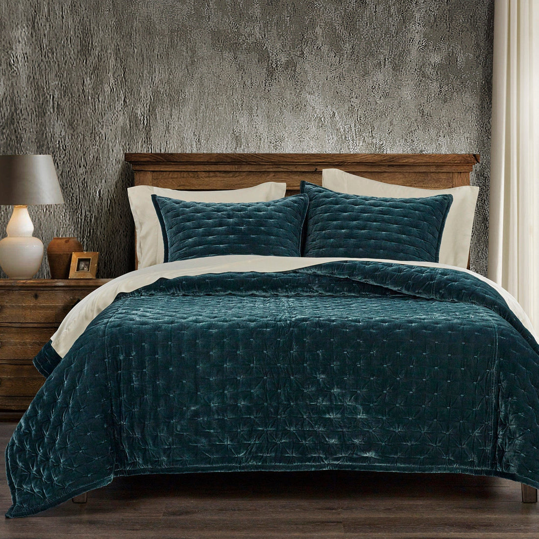 cream woven quilt in a refined master bedroom setting