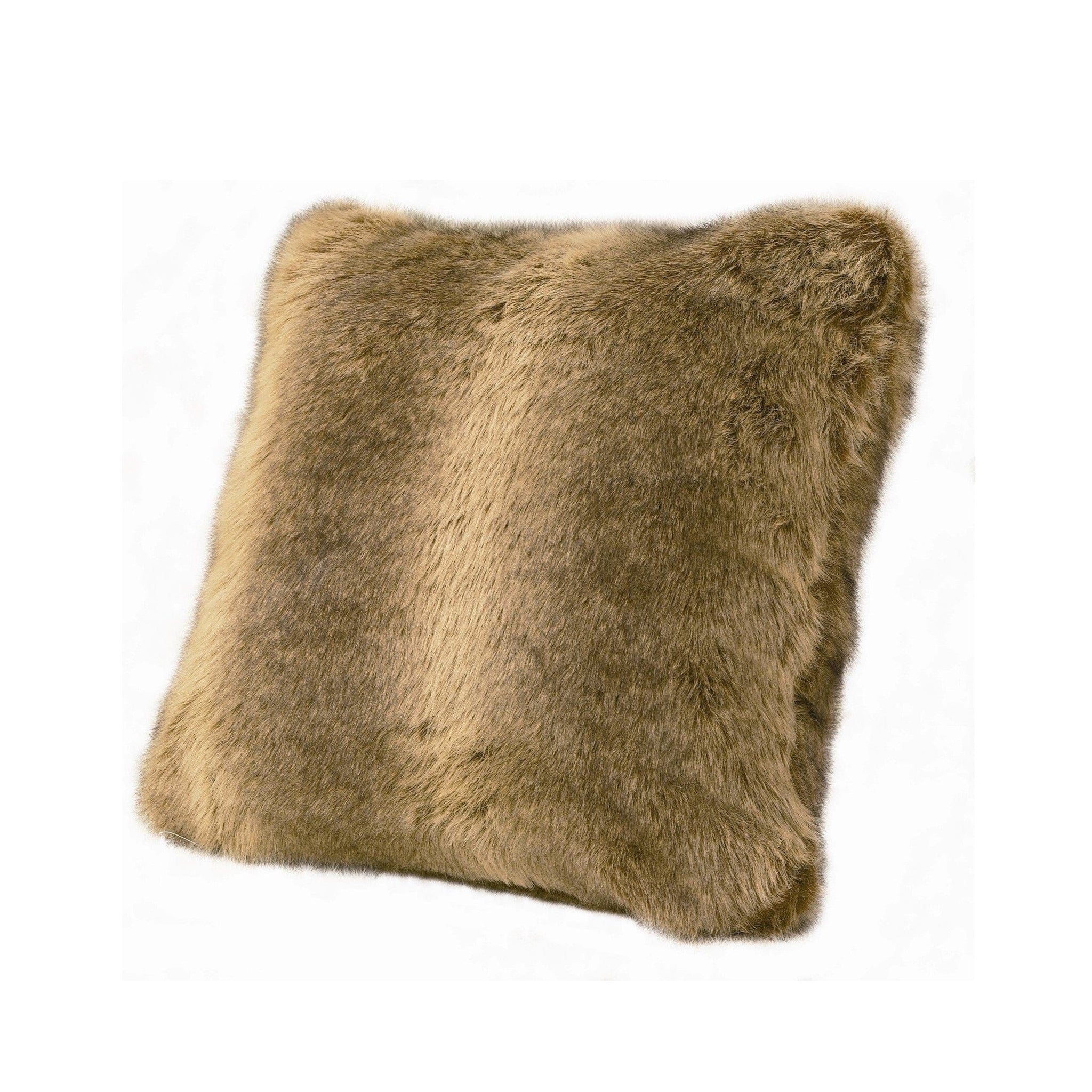 Faux Wolf Fur Throw Pillow styled for a rustic living room space.