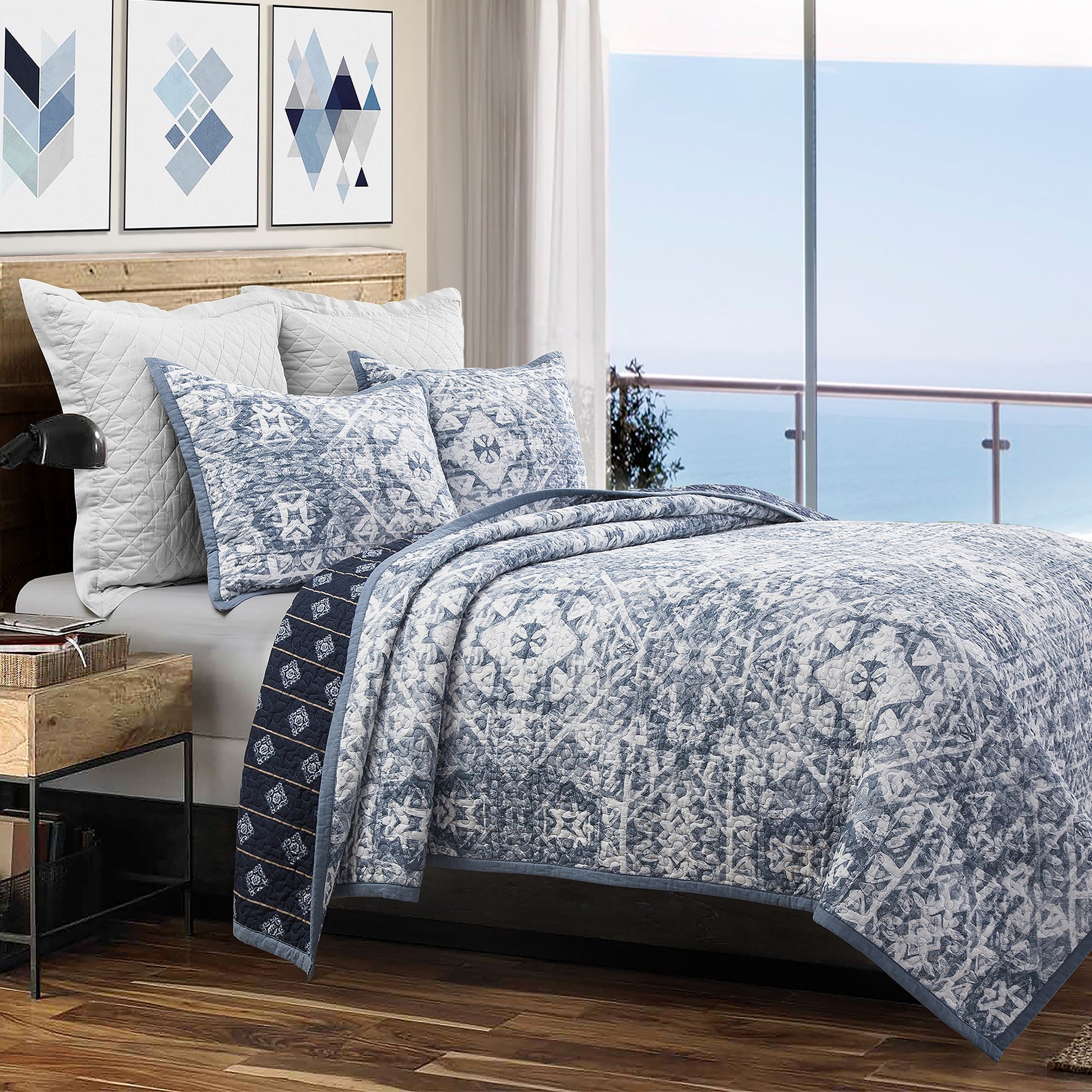 charcoal textured quilt in a farmhouse contemporary bedroom setting