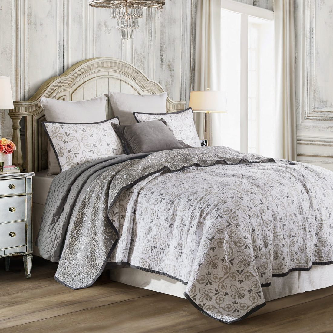 beige plush quilt in a coastal guest room setting