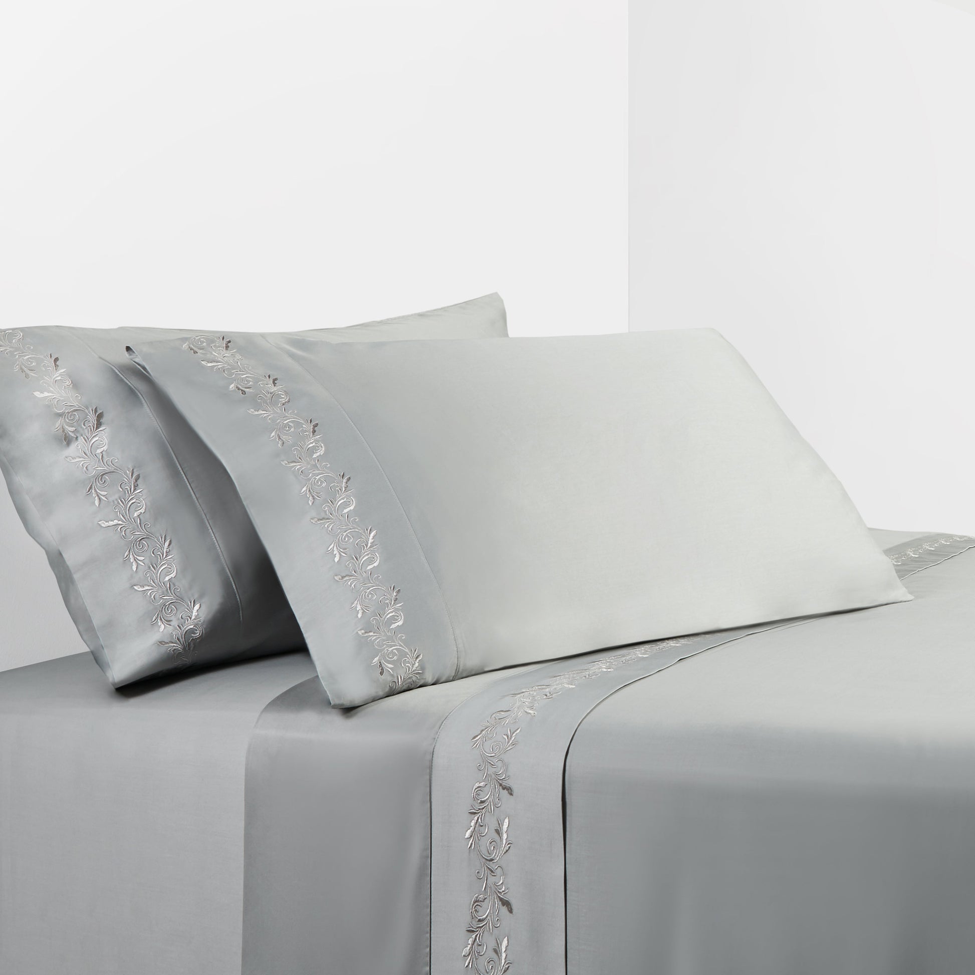 350TC Gray Scroll Embroidered Sheet Set - King styled for a transitional bedroom space.