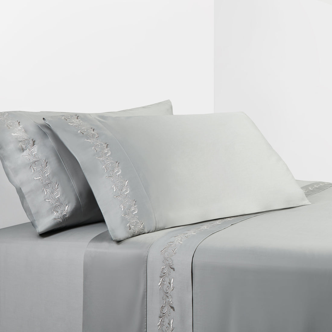 350TC Gray Scroll Embroidered Sheet Set - Queen styled for a transitional bedroom space.