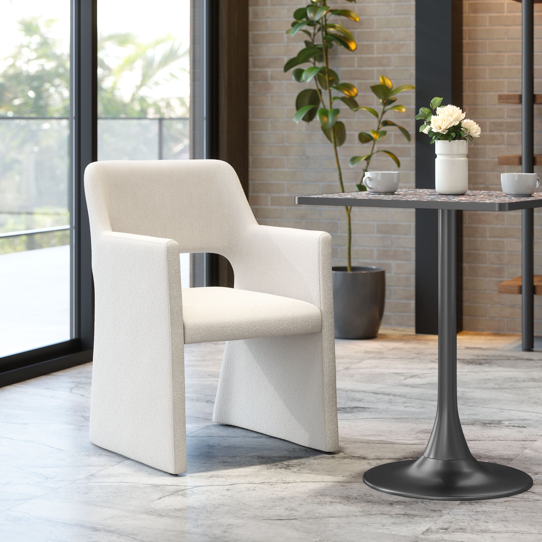 Minet Dining Chair Linen White styled for a transitional living room space.