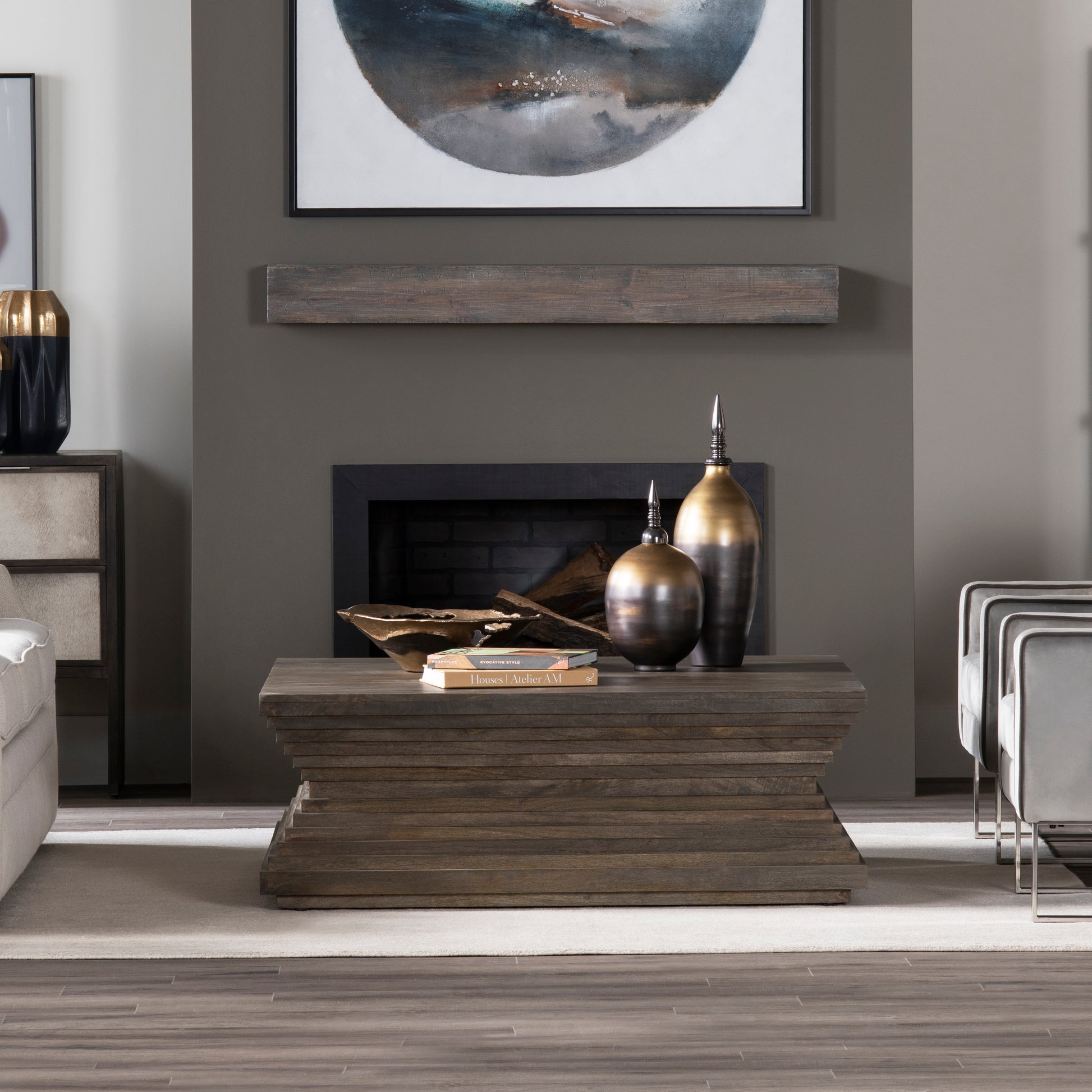beige plush accent table in a modern bedroom setting