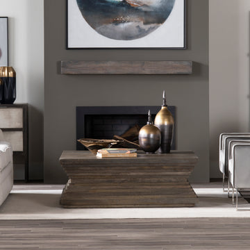 beige plush accent table in a modern bedroom setting