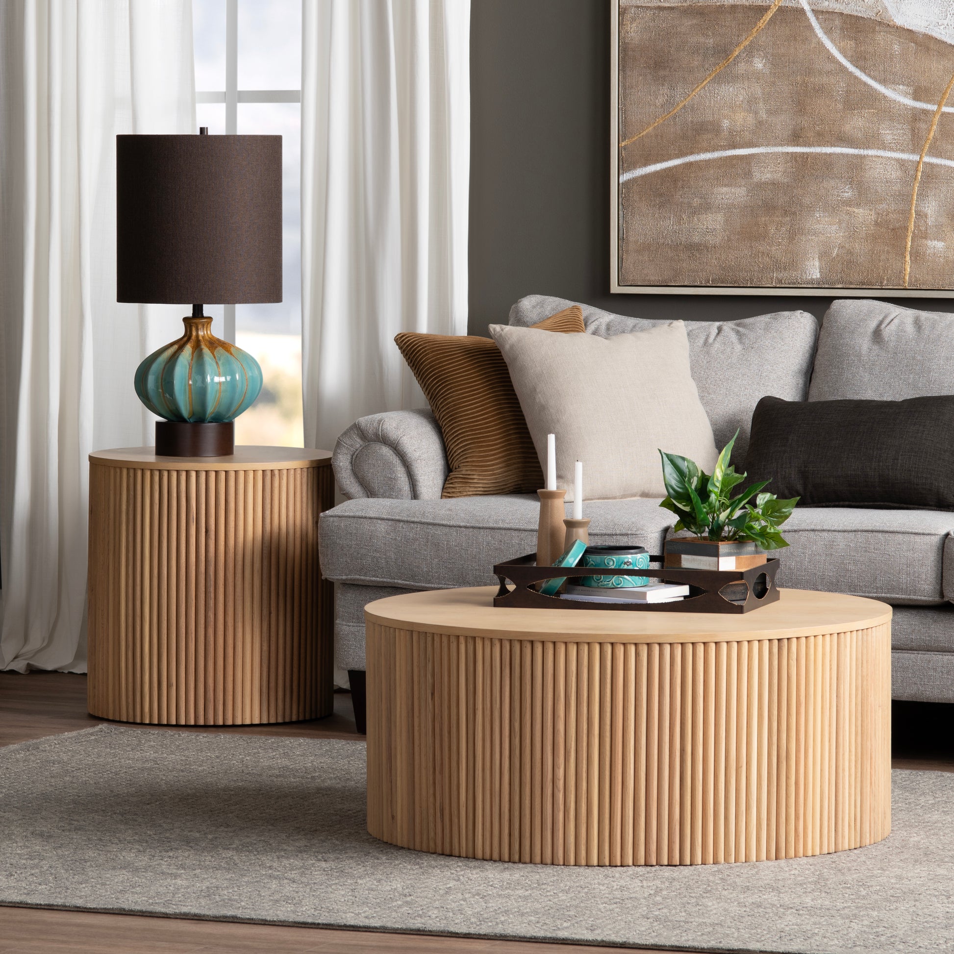 neutral-toned linen accent table in a classic entryway setting