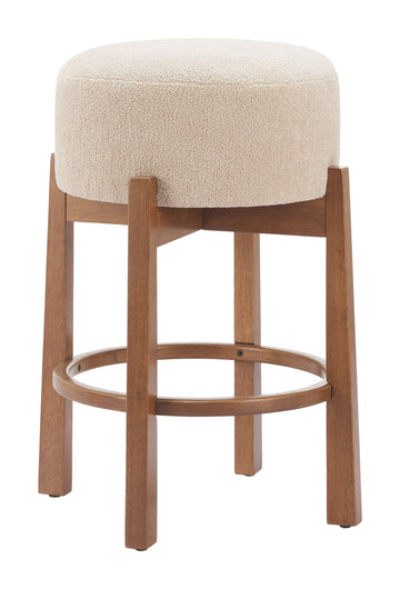 soft gray solid wood stool styled in a farmhouse chic modern living room