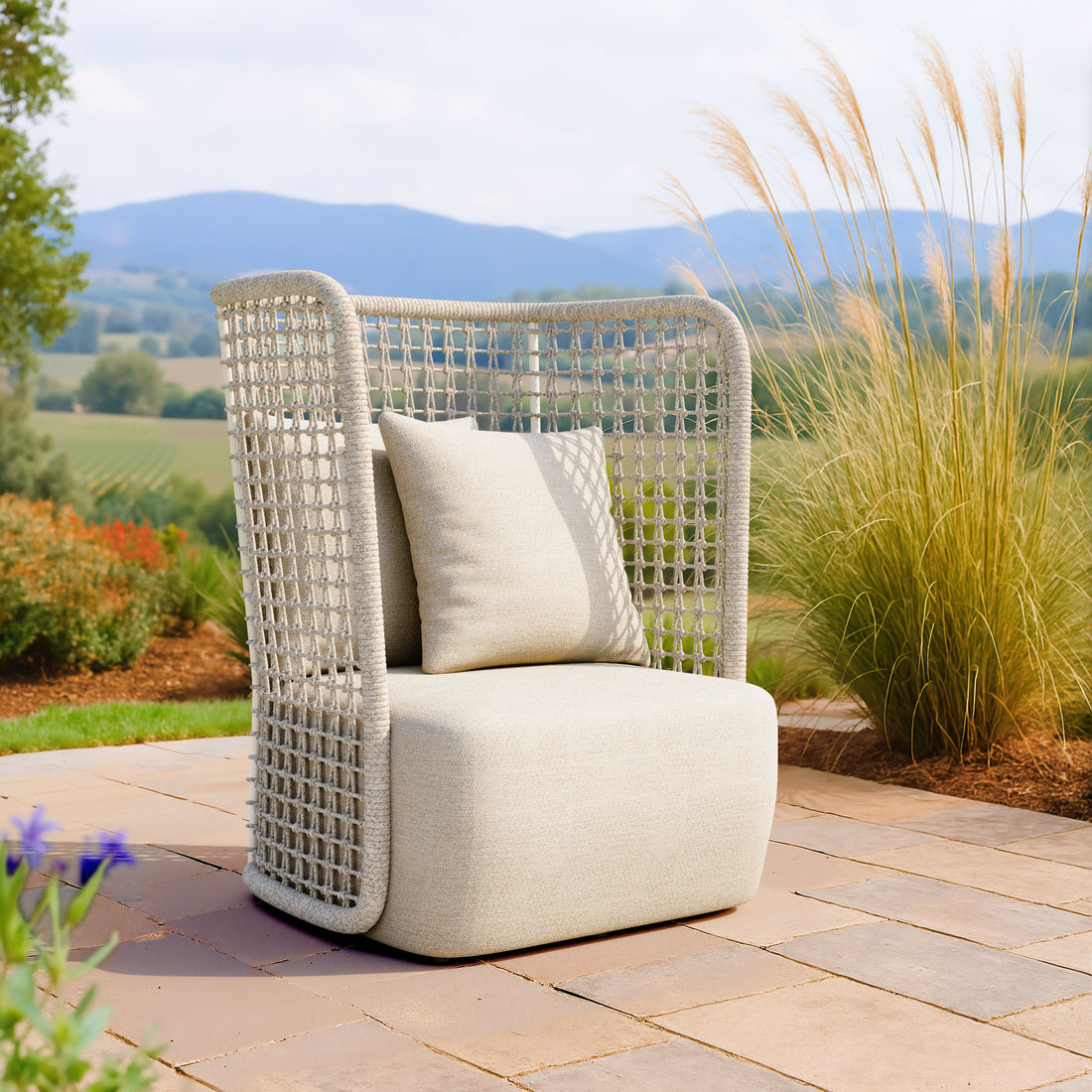earth-toned fabric accent chair in a elegant modern bedroom setting