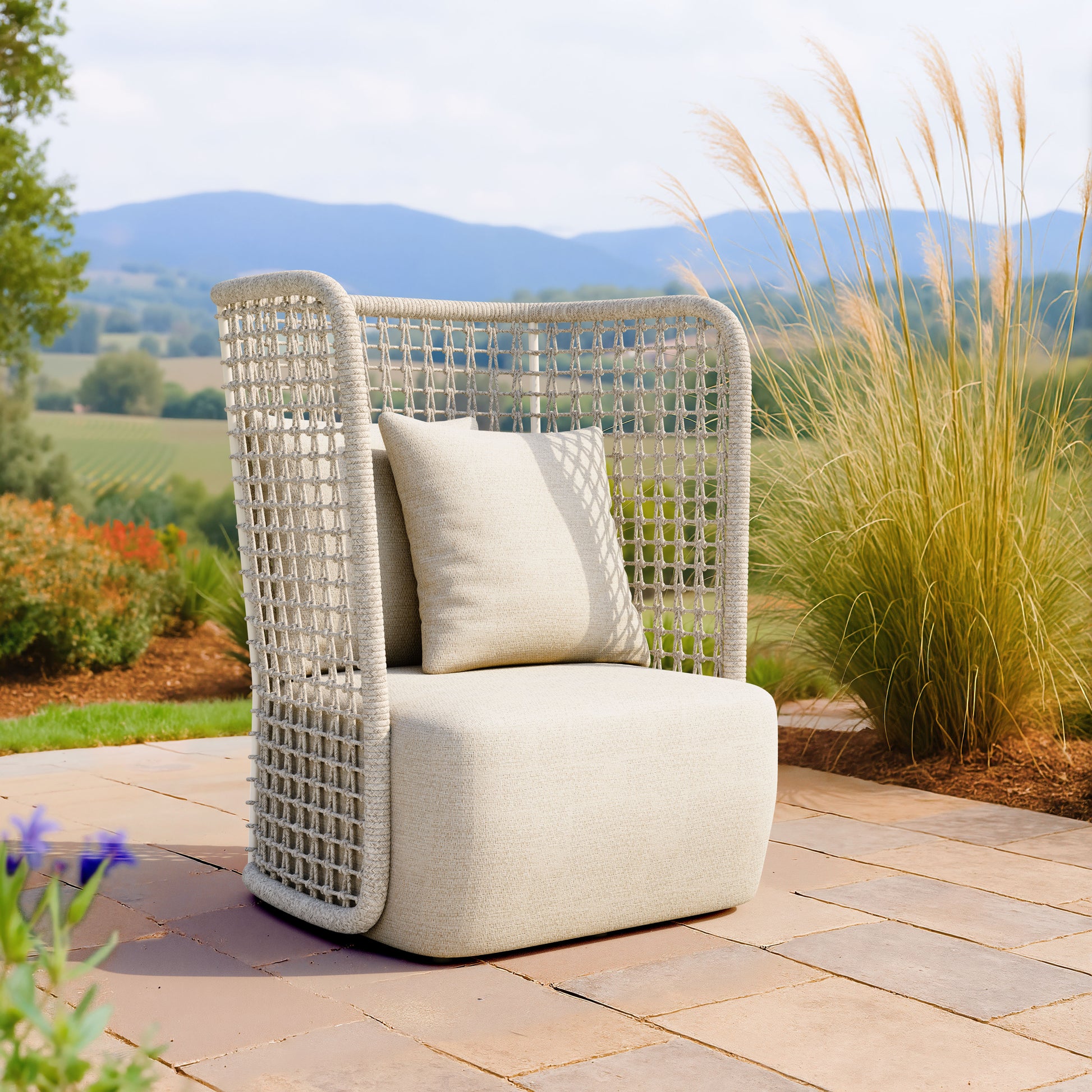 earth-toned fabric accent chair in a elegant modern bedroom setting