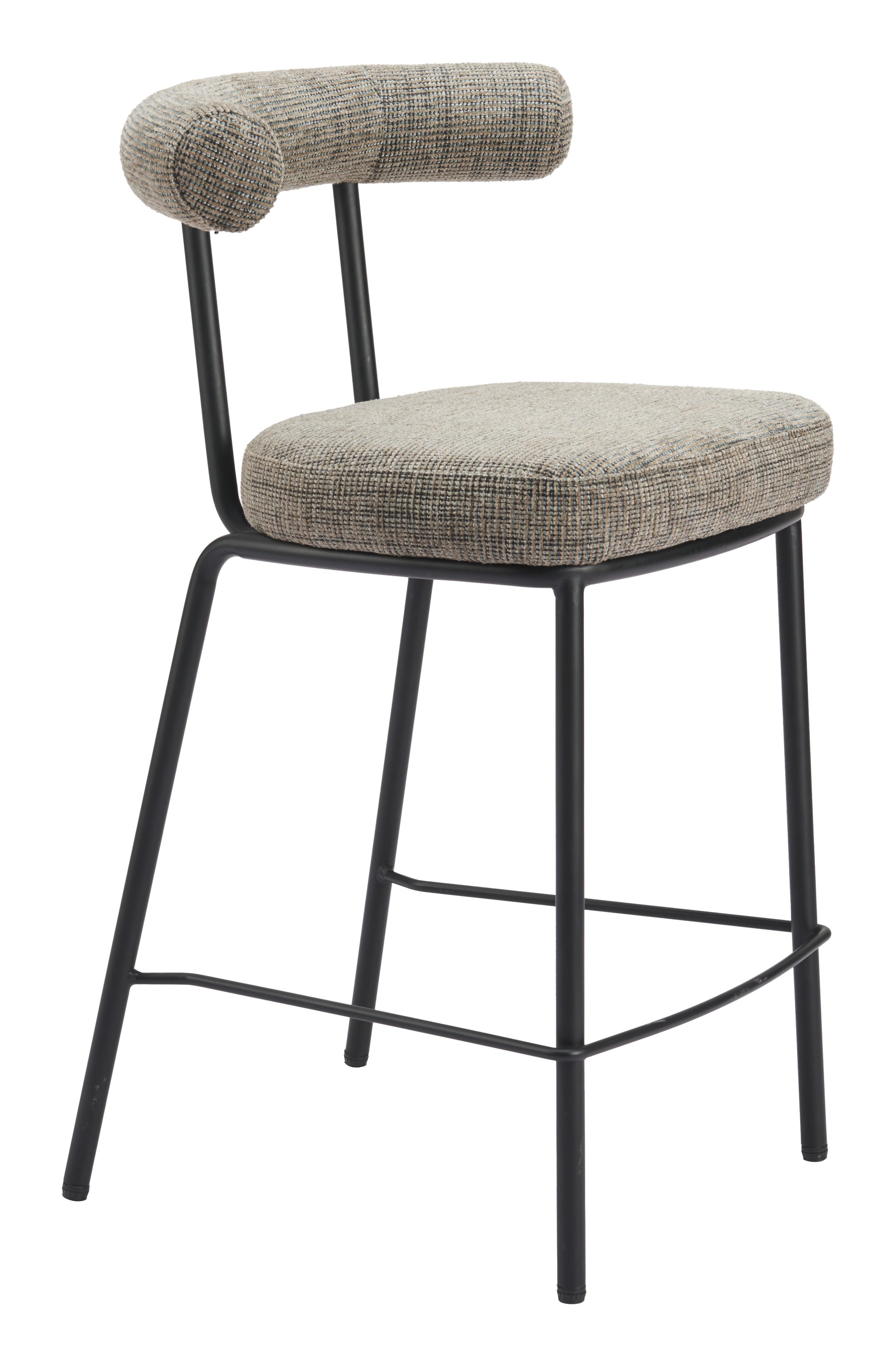 warm-toned brushed metal stool styled in a mid-century minimalist entryway