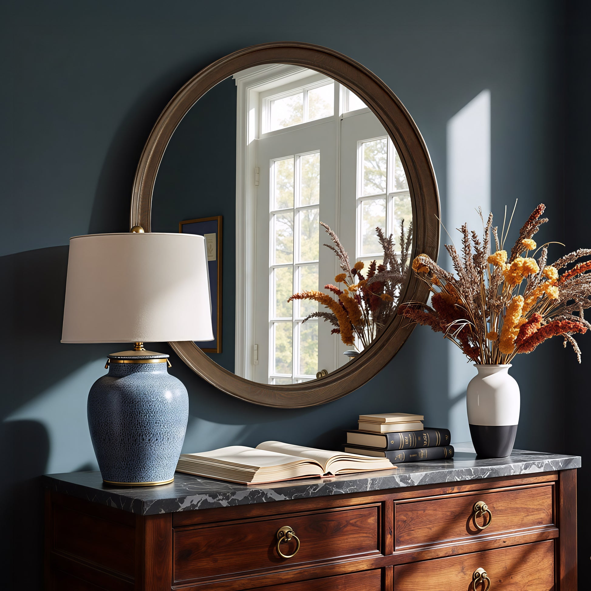 natural velvet decorative mirror in a classic entryway setting