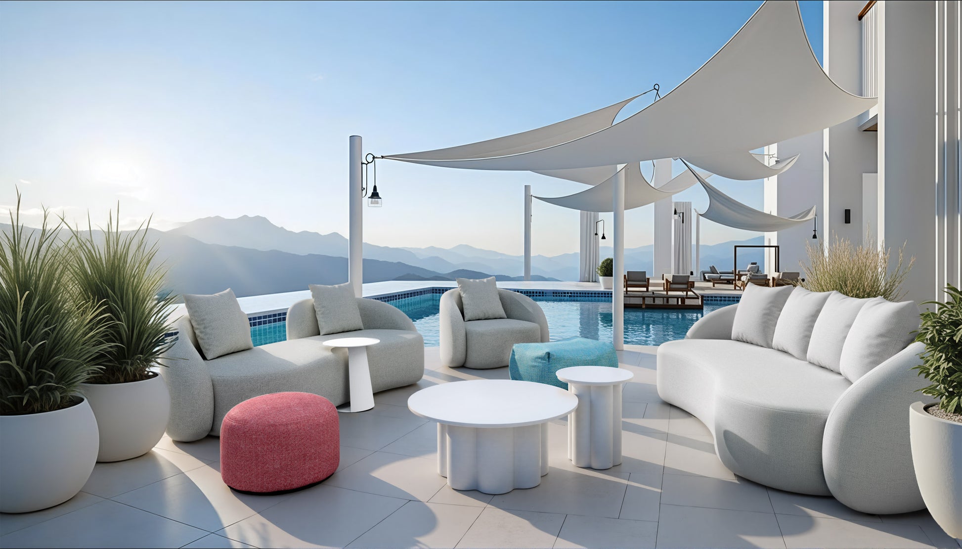 Modern outdoor patio withred and green ottoman, white furniture, pool, and scenic view
