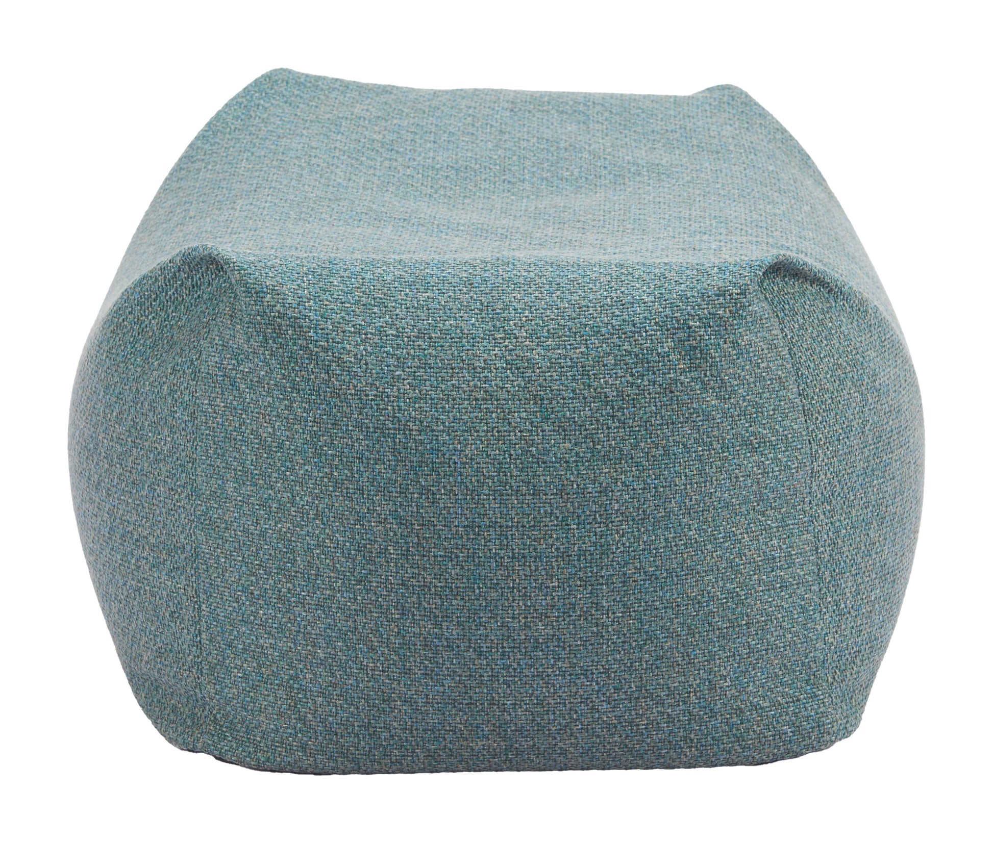 Green cushioned ottoman with metal frame on a white background