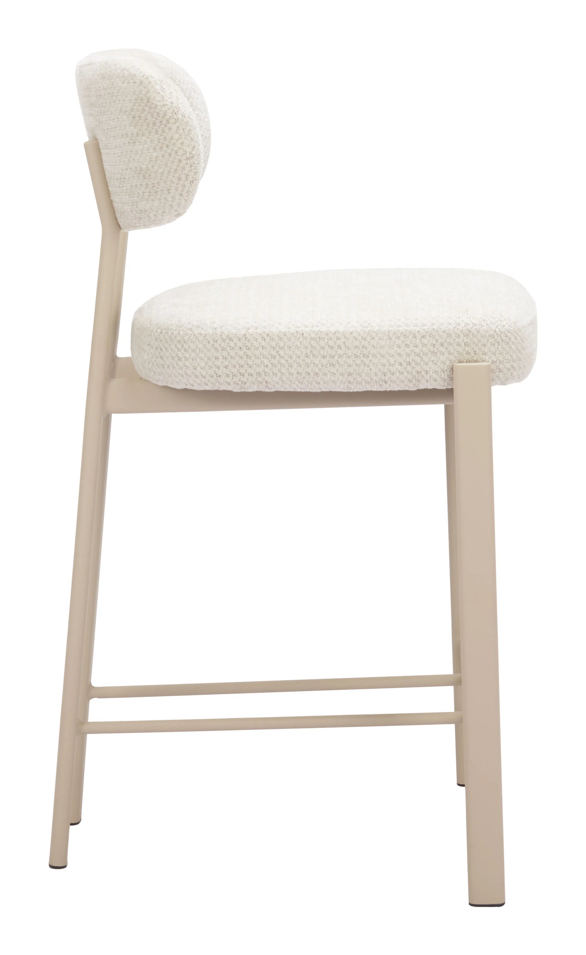 light gray counter stool with white cushioned seat and backrest on a white background