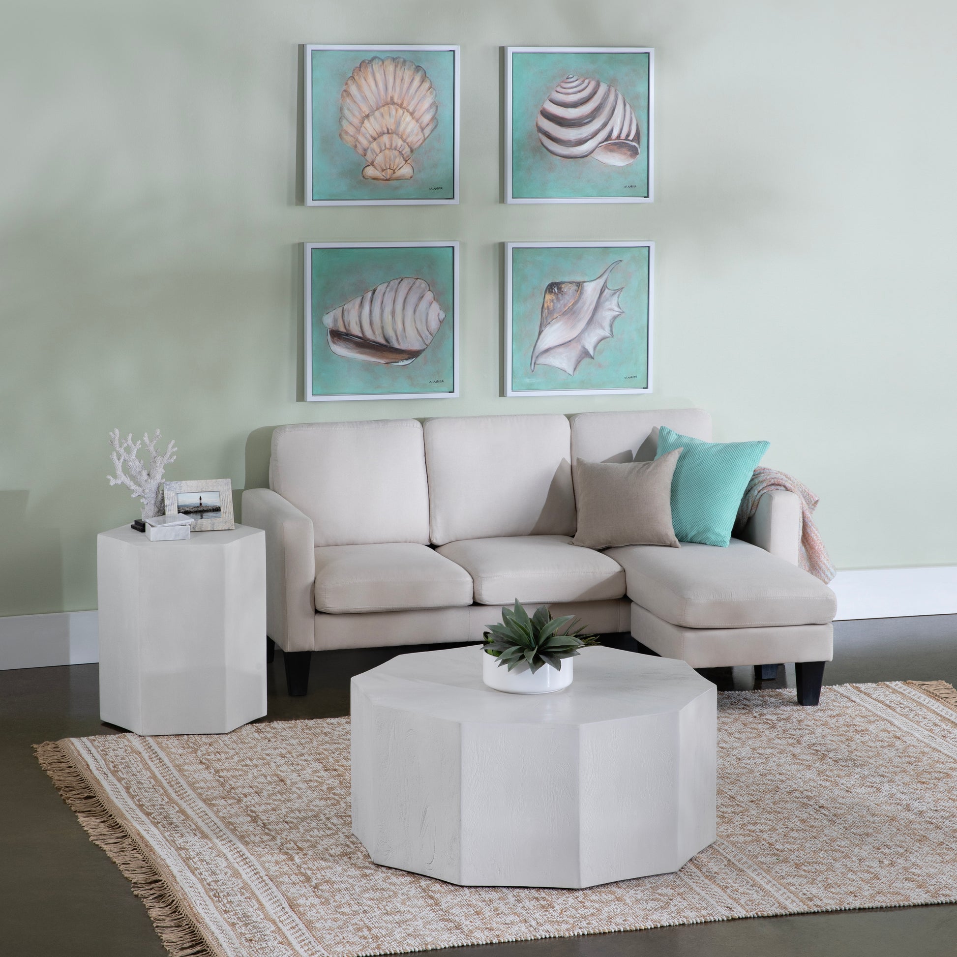 cream woven accent table in a elegant modern bedroom setting
