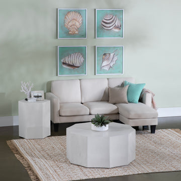 cream woven accent table in a elegant modern bedroom setting