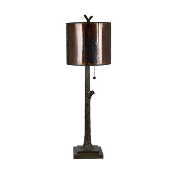 earth-toned fabric table lamp in a farmhouse contemporary bedroom setting