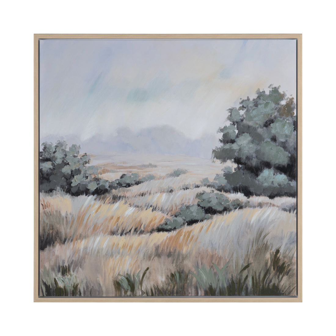 Framed Hand Painted Canvas Green/Cream Landscape Wall Art styled for a transitional living room space.