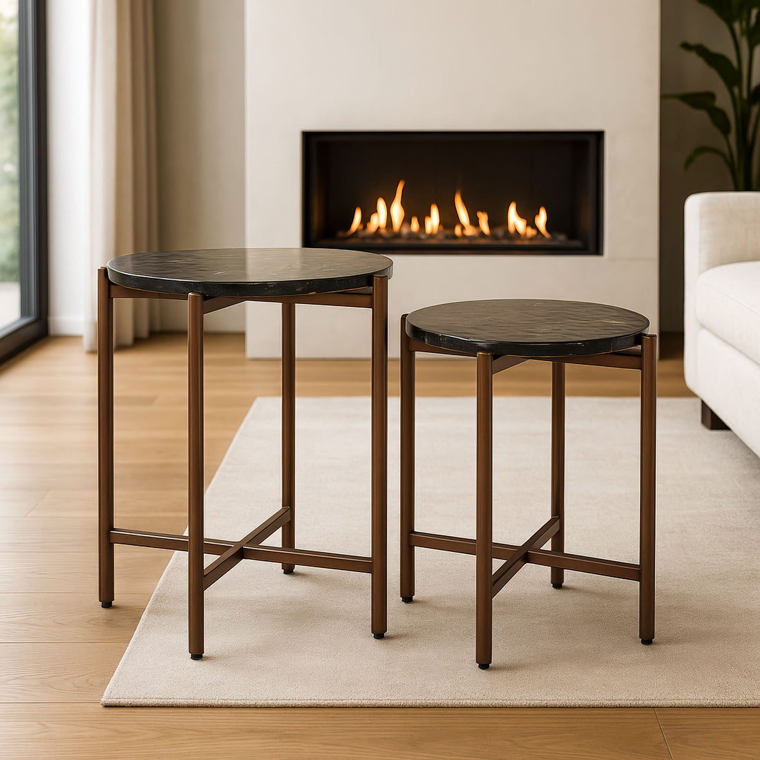 natural velvet accent table in a elegant modern bedroom setting