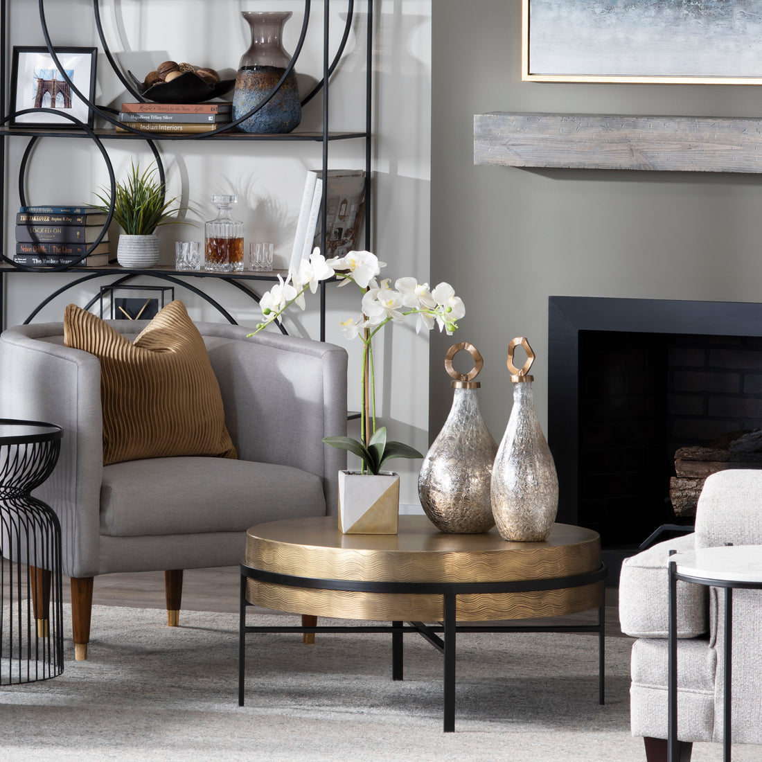 earth-toned fabric accent table in a contemporary cozy bedroom setting