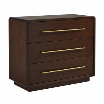 Wooden dresser with three drawers and gold handles on a white background