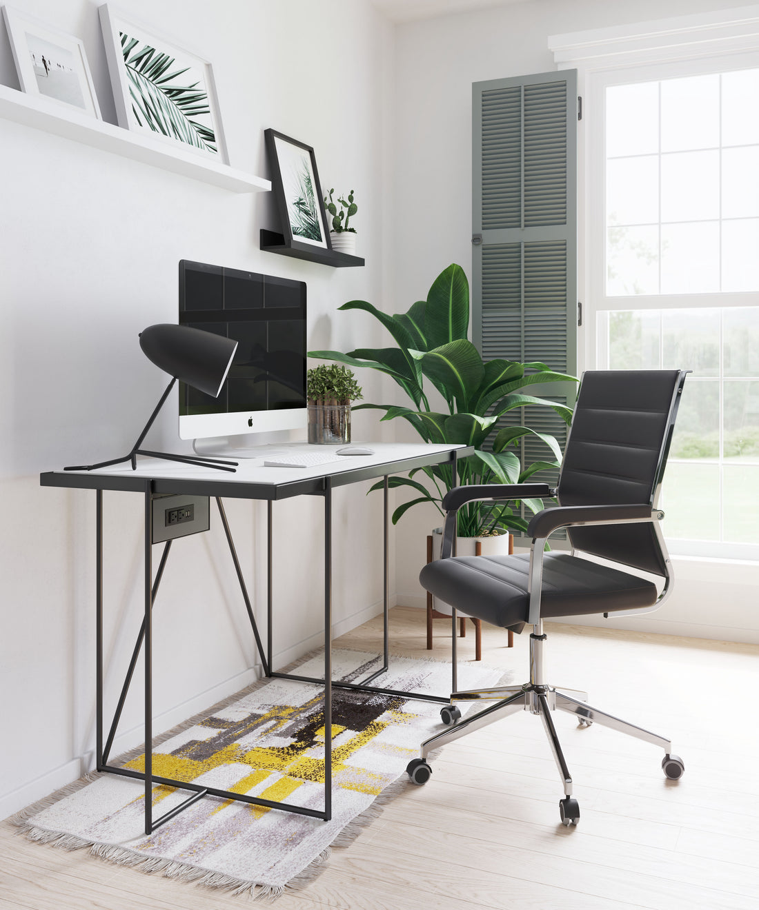 charcoal textured accent chair in a modern bedroom setting