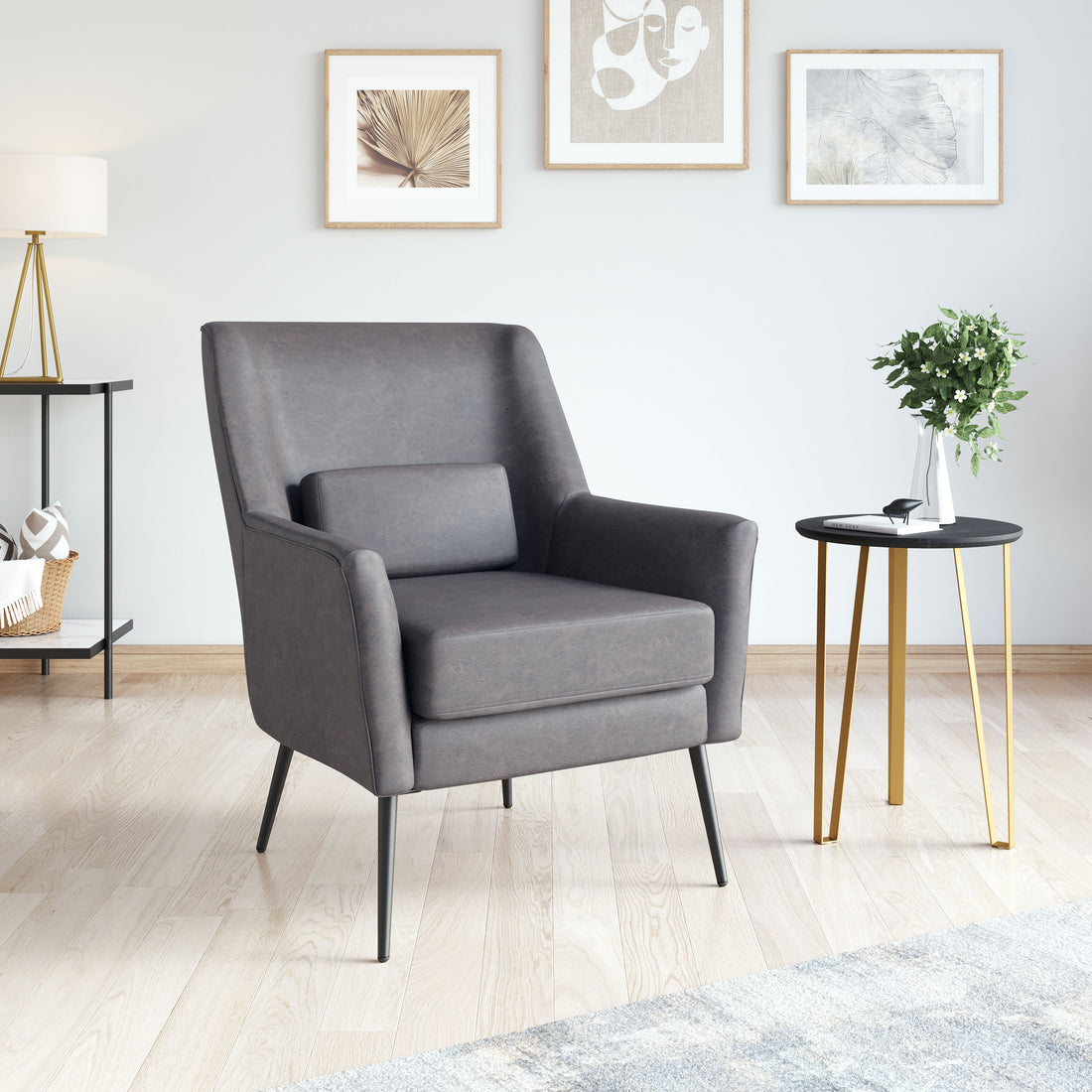 charcoal textured accent chair in a coastal guest room setting