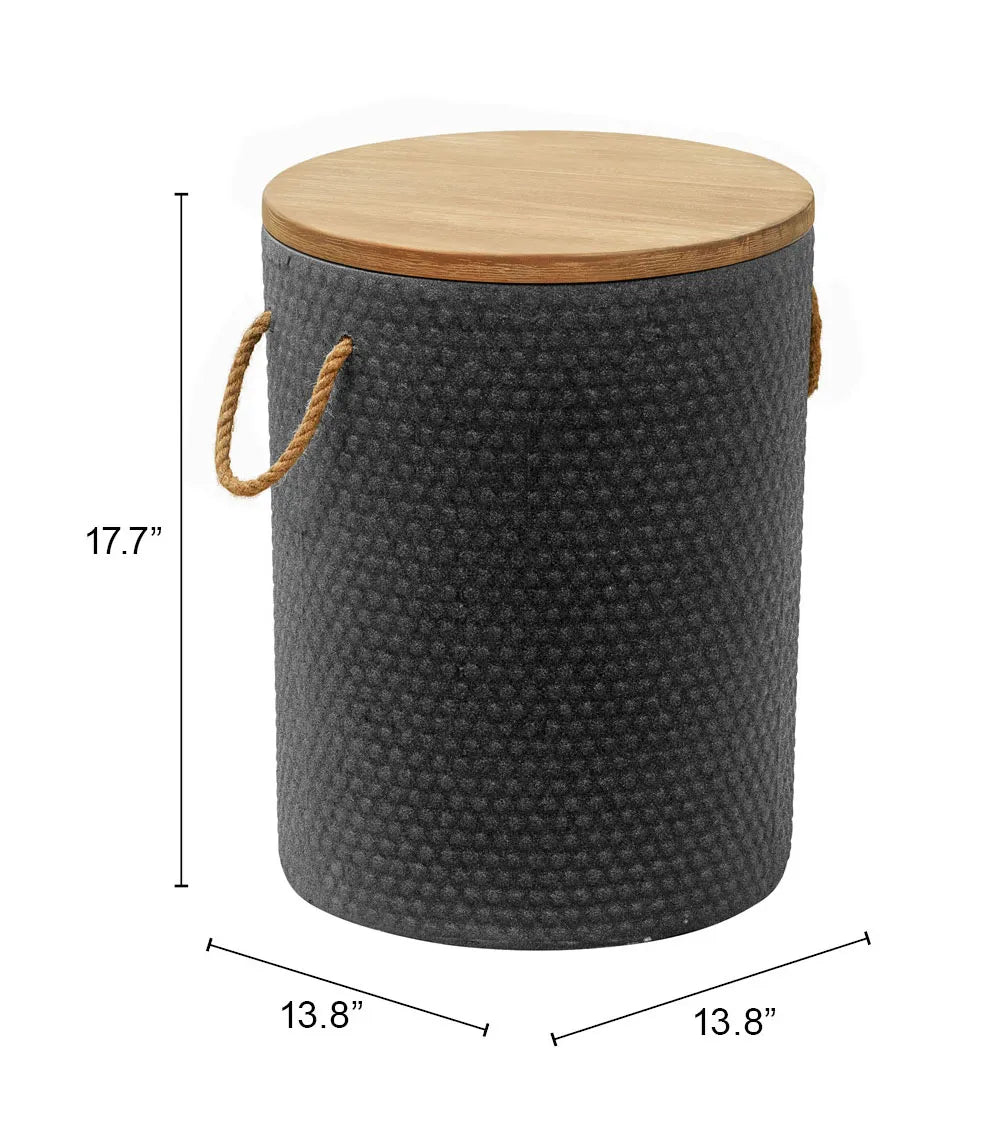 behan side table in black with a wooden lid and rope handle, shown with dimensions on a white background.