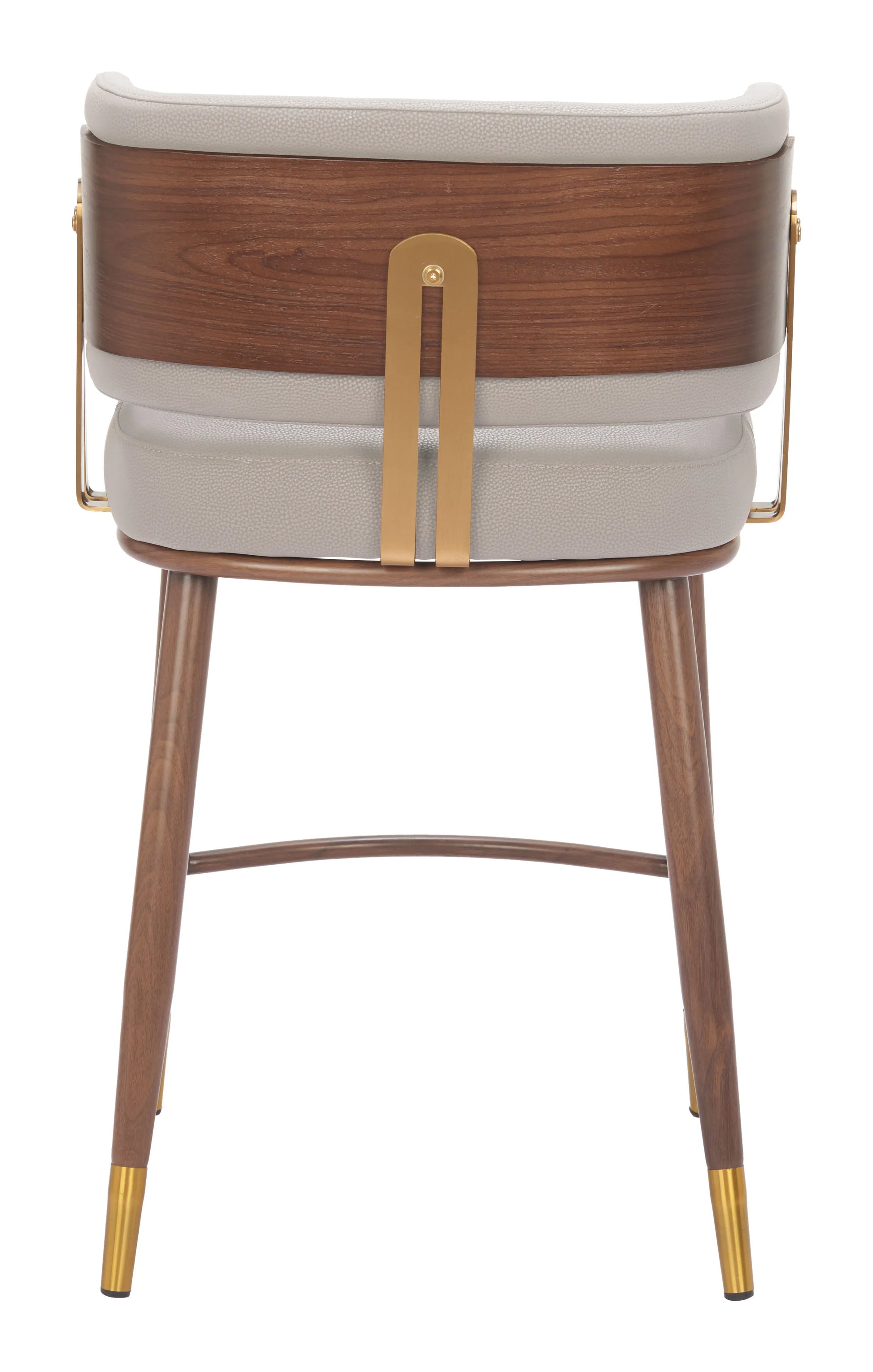 Back view of the Brew Counter Stool Beige & Walnut, showing the walnut-finished curved wood back panel.
