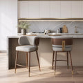 Brew Counter Stool Beige & Walnut featuring gold accents, shown in a contemporary kitchen setting at a counter.