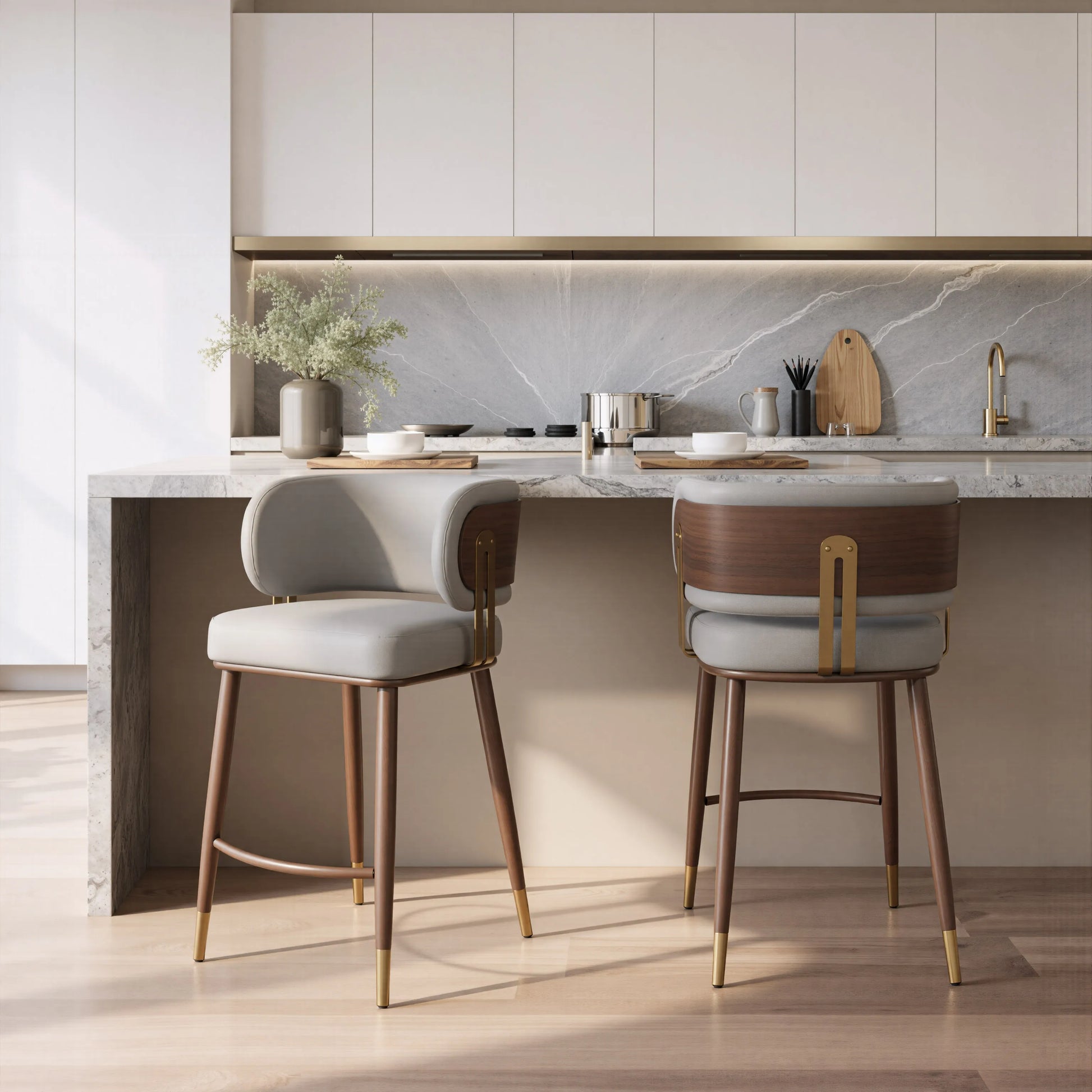 Brew Counter Stool Beige & Walnut featuring gold accents, shown in a contemporary kitchen setting at a counter.