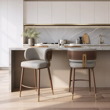 Brew Counter Stool Beige & Walnut featuring gold accents, shown in a contemporary kitchen setting at a counter.