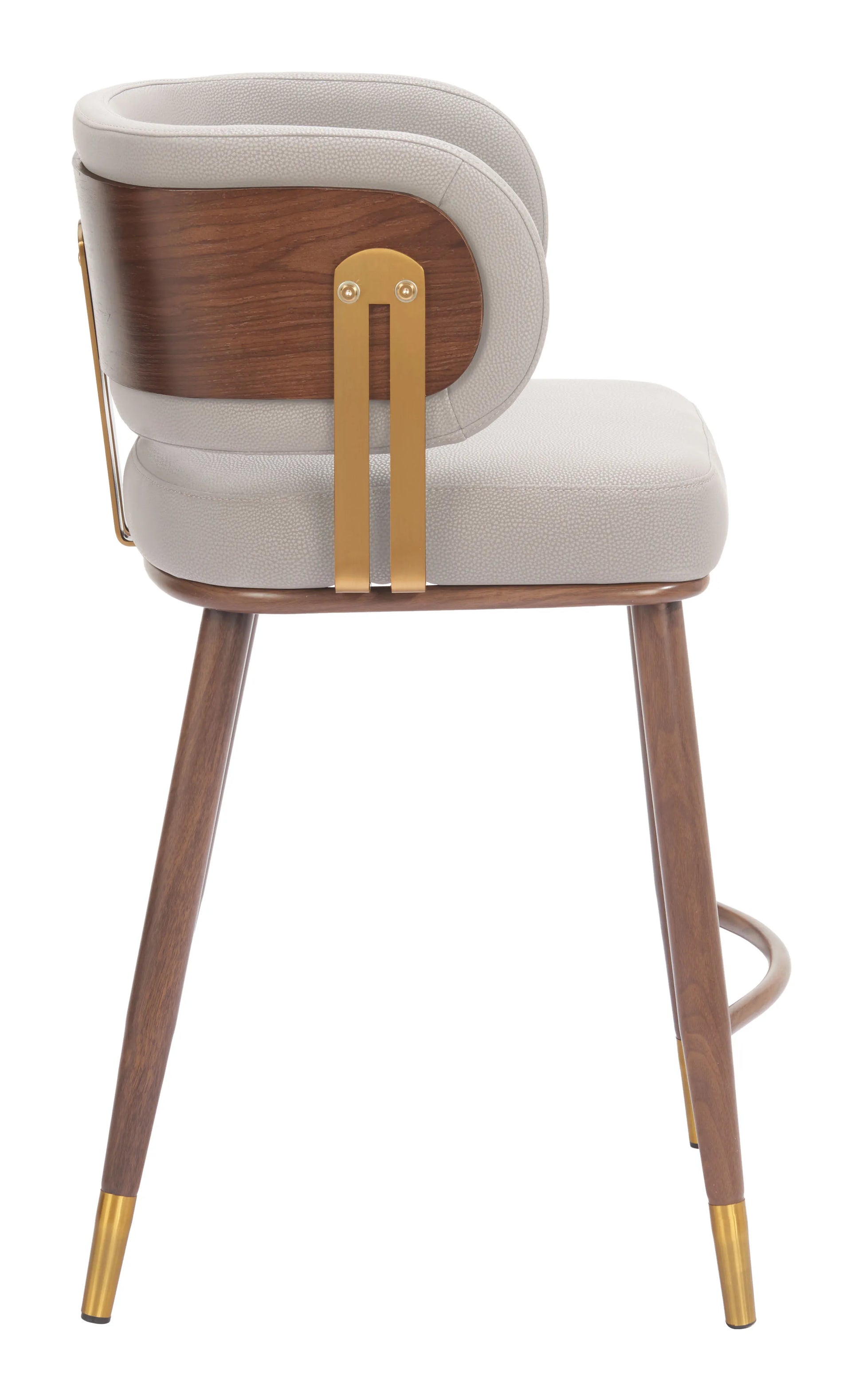 Profile side view of the Brew Counter Stool Beige & Walnut, showing the curved back and gold leg tips.