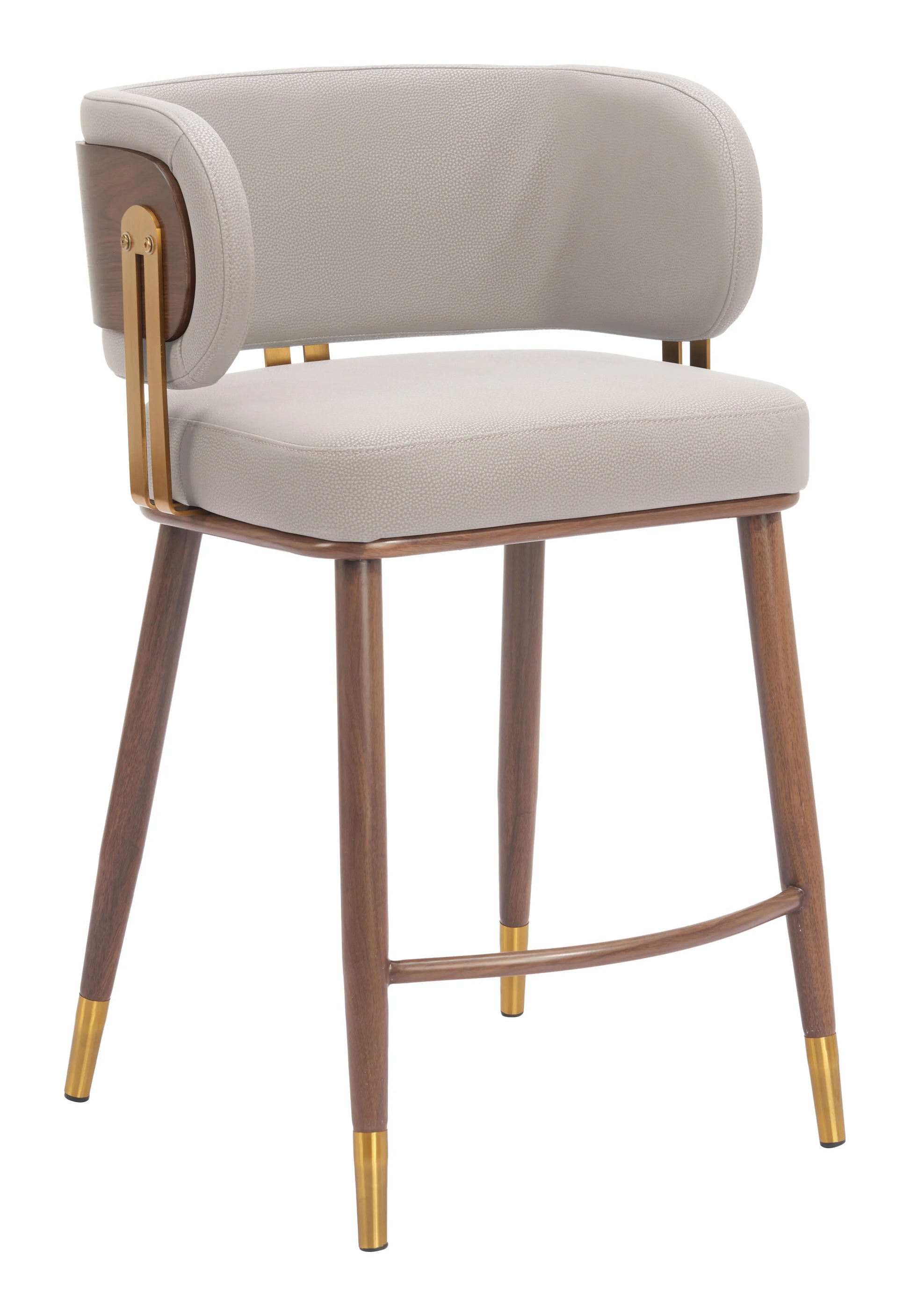 Side angle view of the Brew Counter Stool Beige & Walnut.