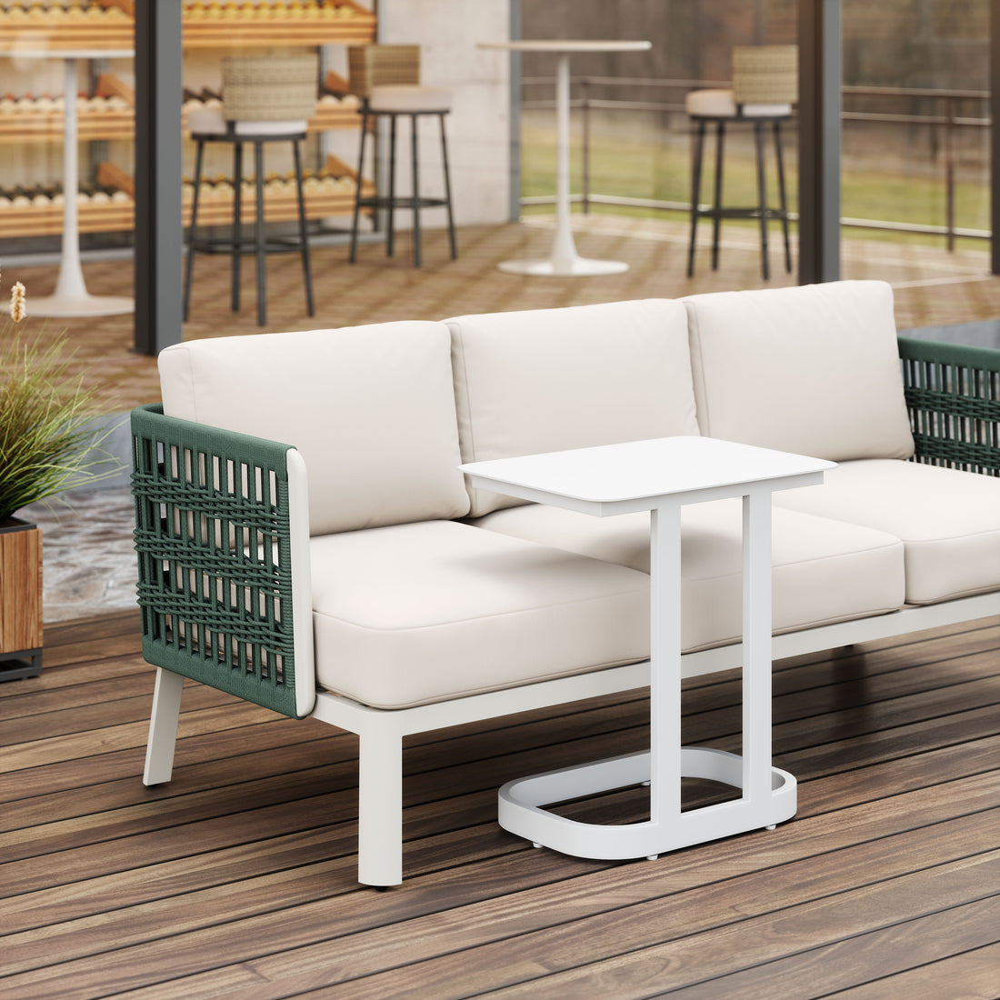 white brushed accent table in a minimalist dining room setting