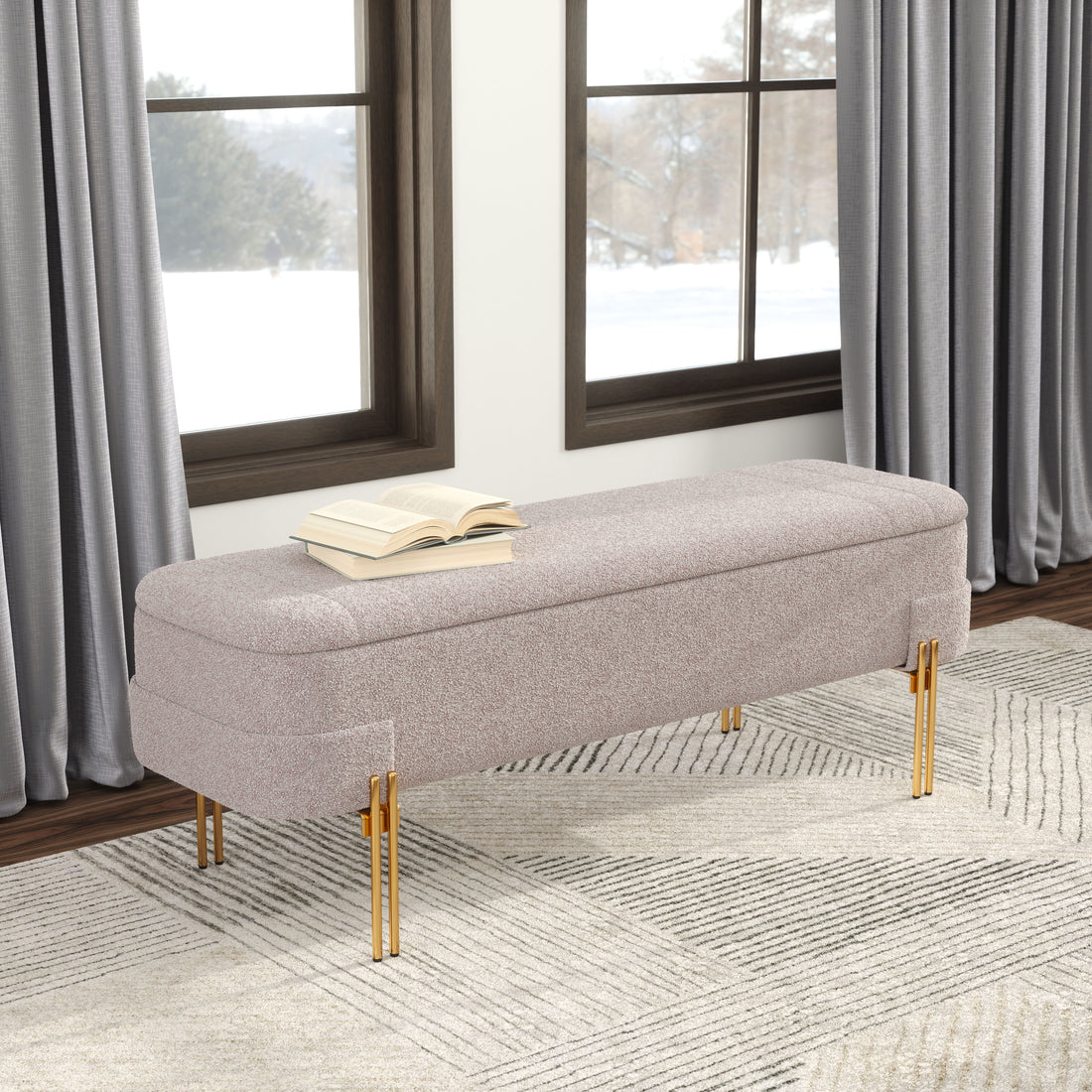beige plush accent bench in a classic entryway setting