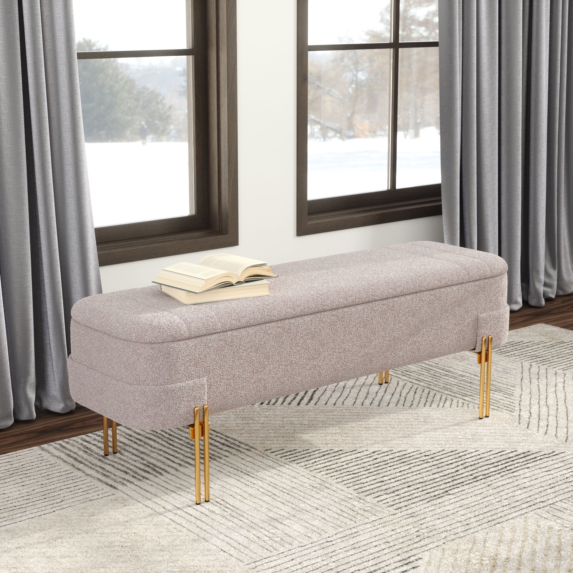 beige plush accent bench in a classic entryway setting