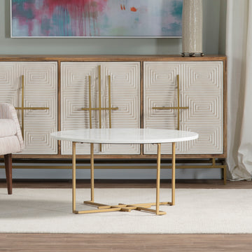 earth-toned fabric accent table in a modern bedroom setting