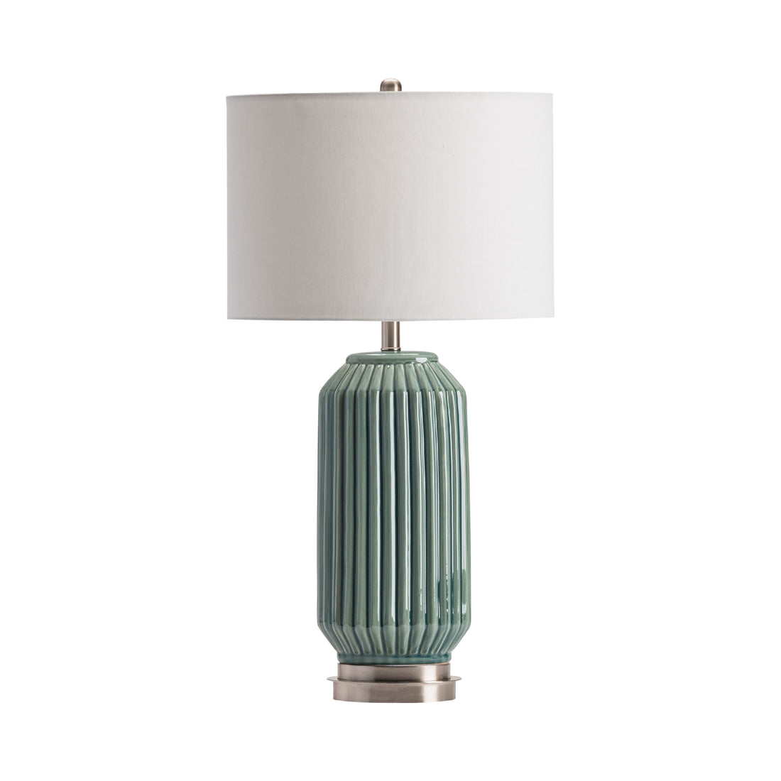 cream woven table lamp in a transitional living room setting