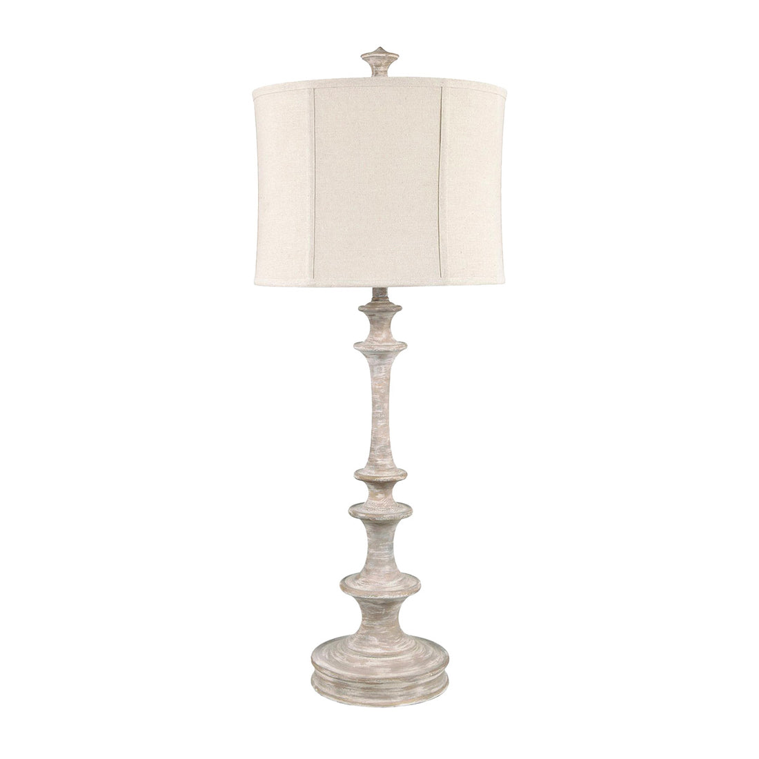 earth-toned fabric table lamp in a farmhouse contemporary bedroom setting