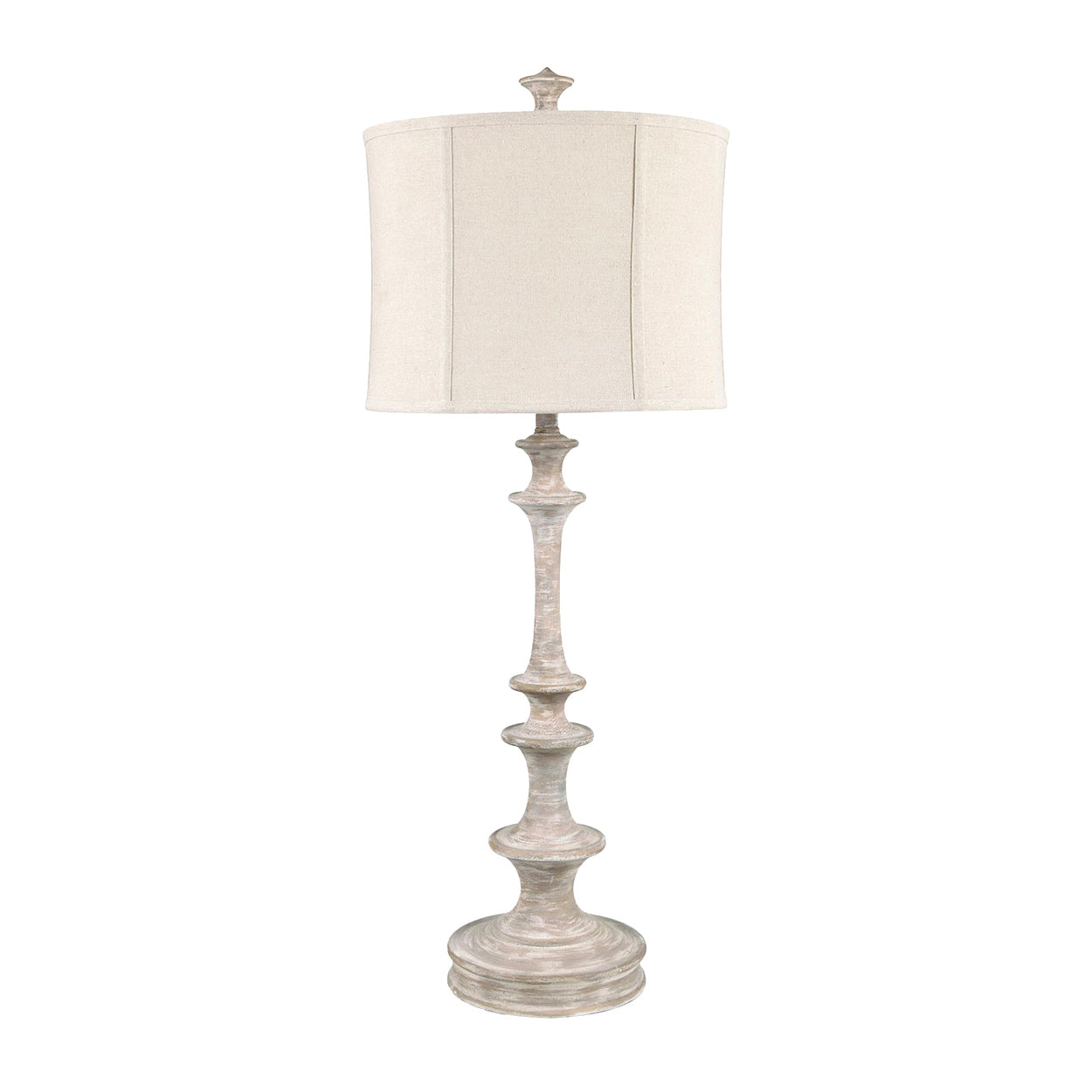 earth-toned fabric table lamp in a farmhouse contemporary bedroom setting