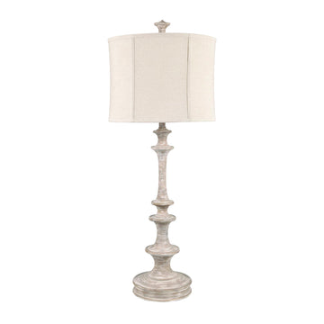 earth-toned fabric table lamp in a farmhouse contemporary bedroom setting