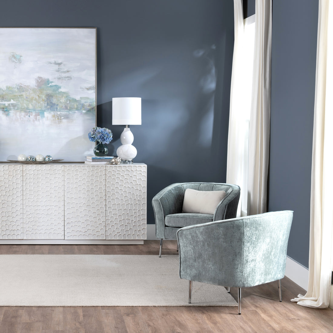 Upholstered Accent Arm Chair styled for a transitional living room space.