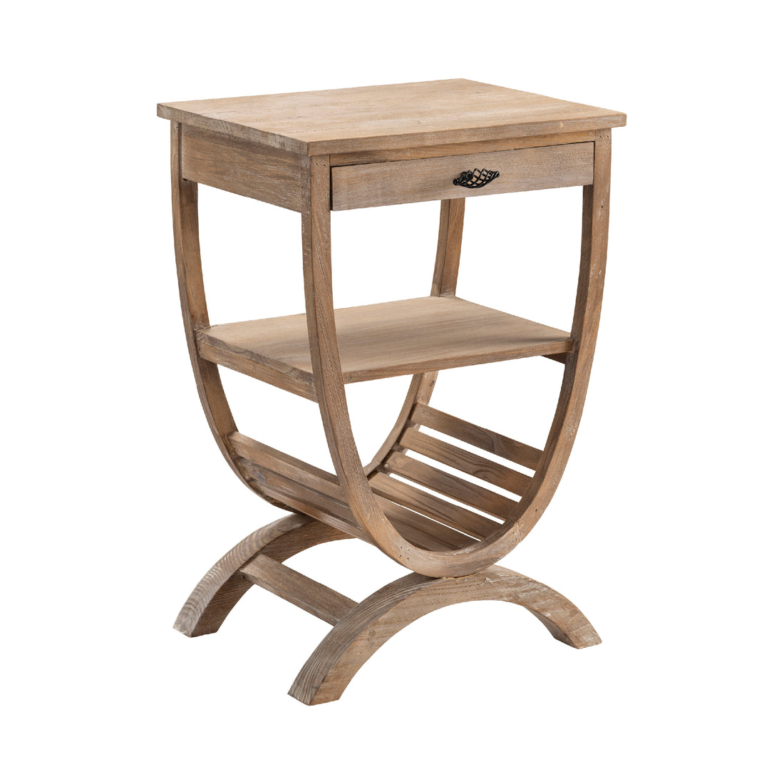 cream woven accent table in a coastal guest room setting